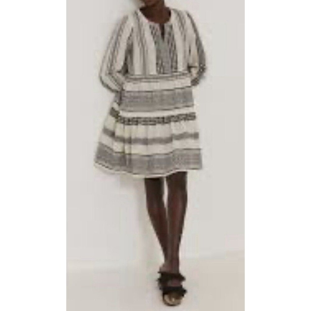Fat Face Sz 6 Devin Natural Embroidered Ivory Black Aztec 3/4 Sleeve Dress Boho